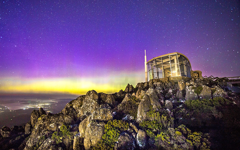 Aurora Australis - purple sky as seen from eco-travel trip to Tasmania