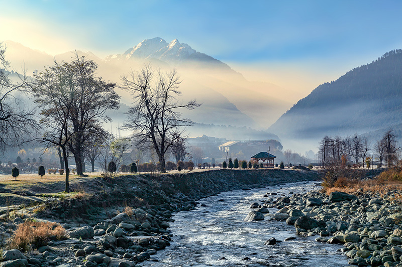 Water stream flowing through Himalaya Mountains in eco-travel destination Pahalgam, Jammu and Kashmir, India